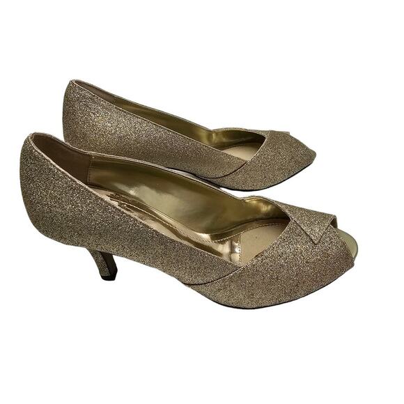 Gold Heels Womens Size 7.5 Sparkle Glitter Glam Wedding Dress Peep Toe Metallic - Picture 11 of 16